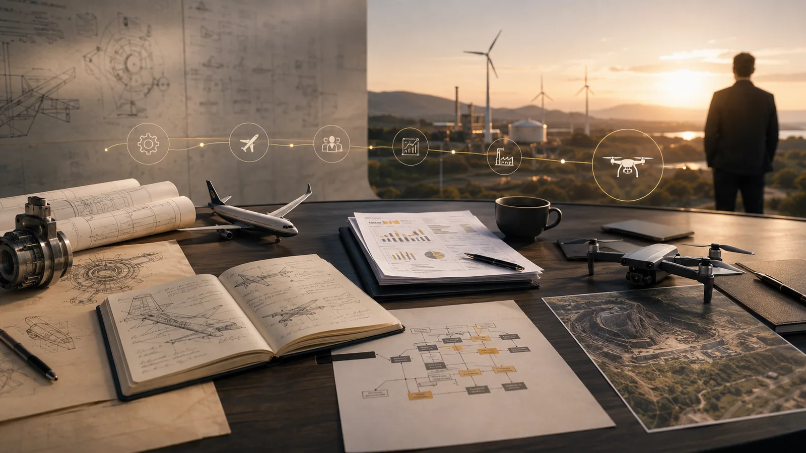 Parcours professionnel illustré par des plans industriels, un avion, des documents de direction, un site énergétique et un drone