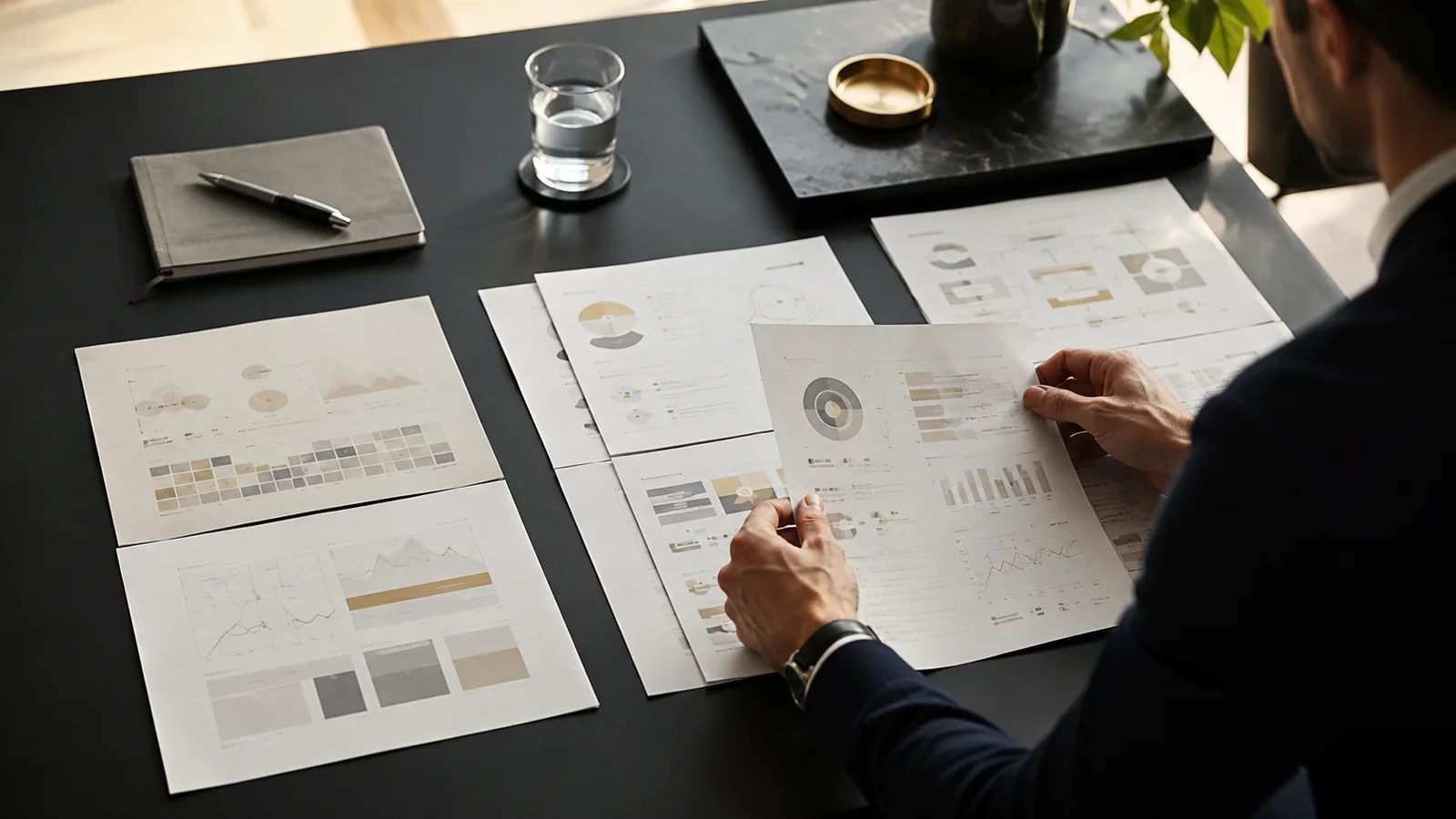 Consultant examinant et comparant plusieurs documents de travail avant une prise de décision stratégique.