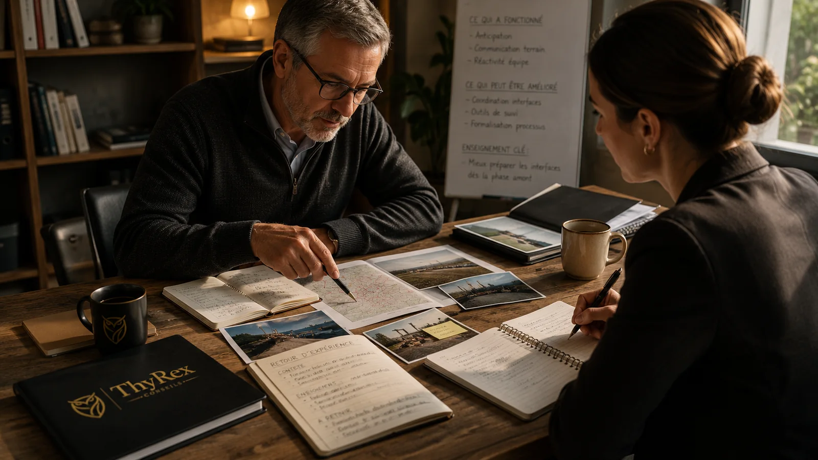 Deux professionnels analysant des documents et des photographies de terrain dans une démarche de retour d’expérience.