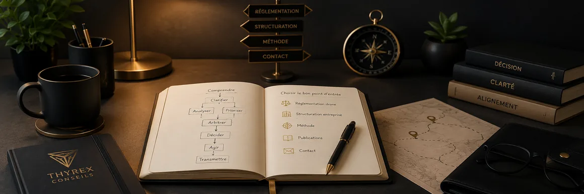 Bureau de travail avec carnet d’orientation, boussole, repères de parcours et choix de points d’entrée vers réglementation, structuration, méthode et contact