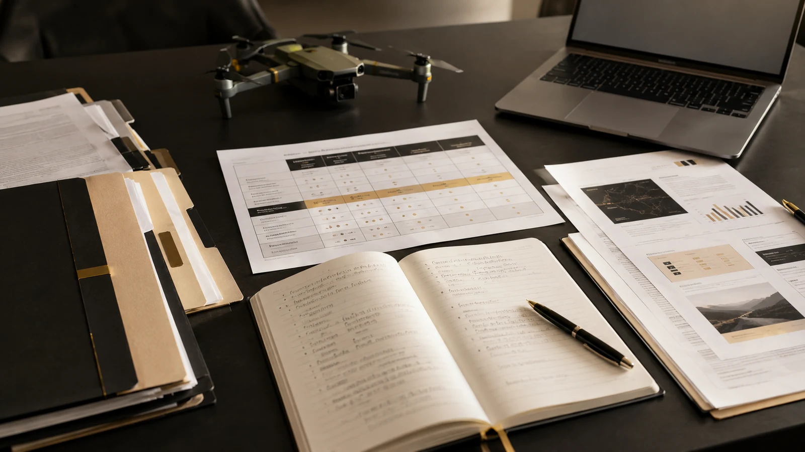 Table de travail consacrée à l’analyse de situations professionnelles, avec dossiers anonymisés, carnet de décision, documents structurés et drone discret