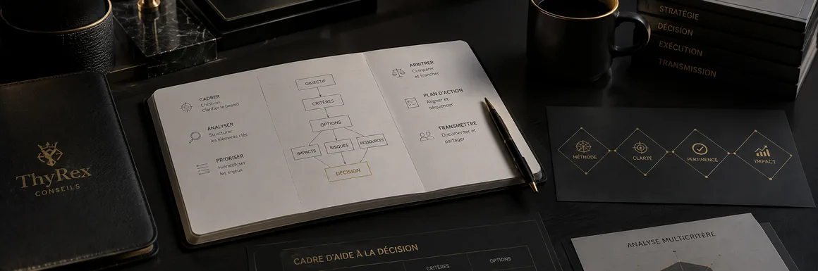 Bureau de travail consacré à la méthode ThyRex Conseils, avec carnet de décision, schéma de clarification, arbitrage et transmission