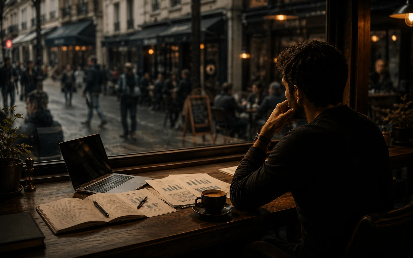 Alex observe le marché depuis un café et analyse des documents pour confronter son projet à la réalité du terrain.