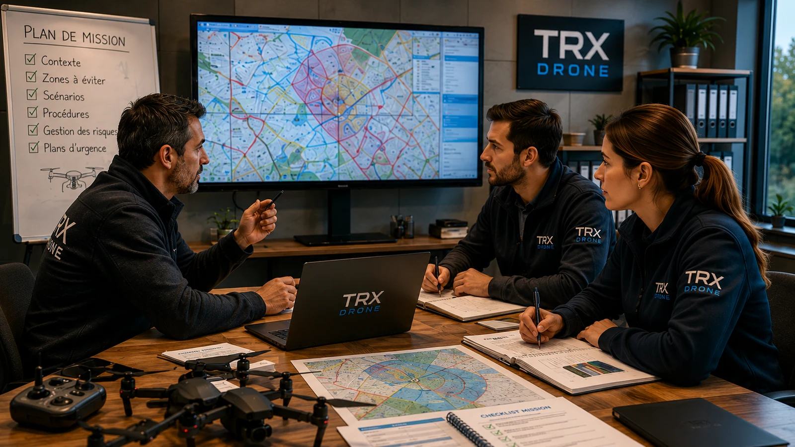 Équipe préparant une mission drone autour d'une table de travail avec cartes, ordinateur et aéronef