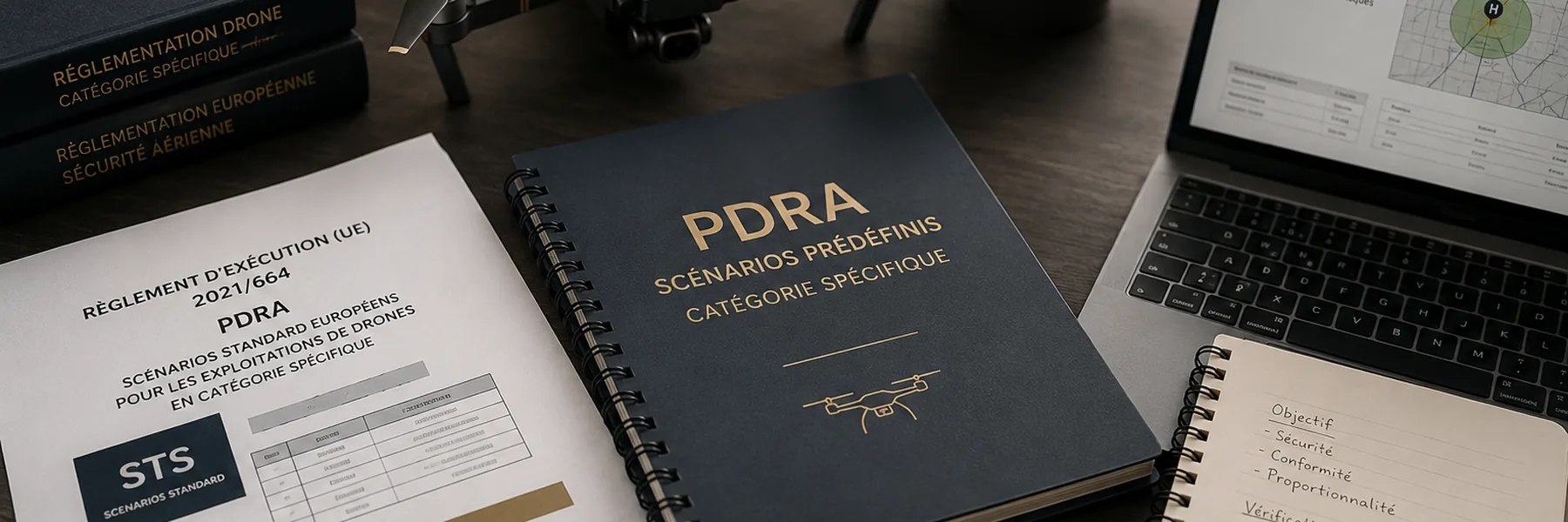Bureau de travail consacré à l’analyse PDRA, avec drone, documents réglementaires et outils de décision