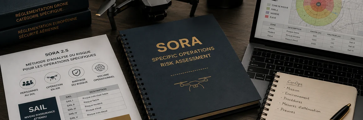 Bureau de travail consacré à l’analyse SORA, avec drone, cartes opérationnelles et repères de risque