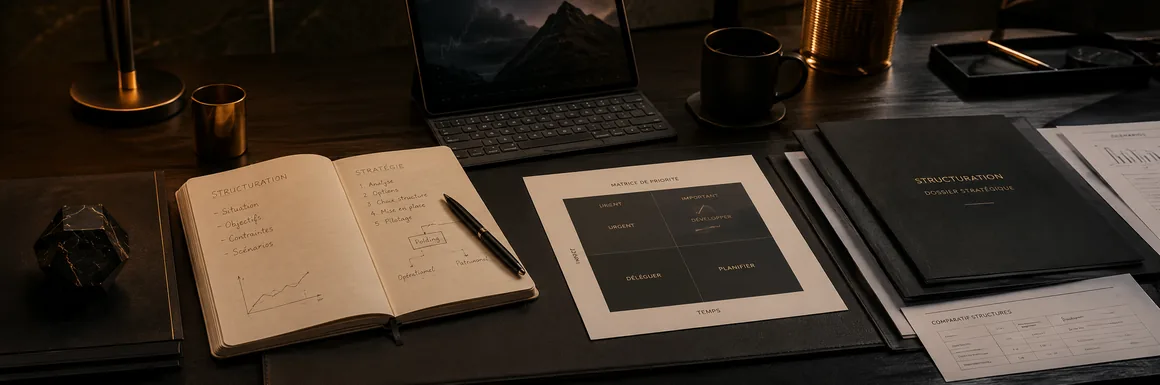 Bureau de travail consacré à la structuration d’entreprise, avec carnet de stratégie, matrice de priorité, documents d’organisation et ambiance professionnelle sombre