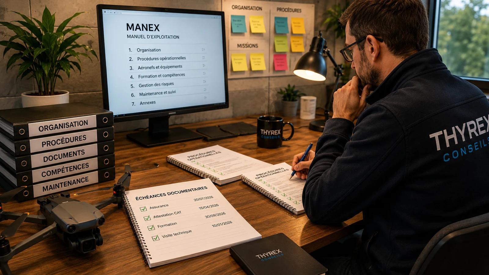 Responsable d’exploitation drone travaillant sur un MANEX, des checklists et des justificatifs