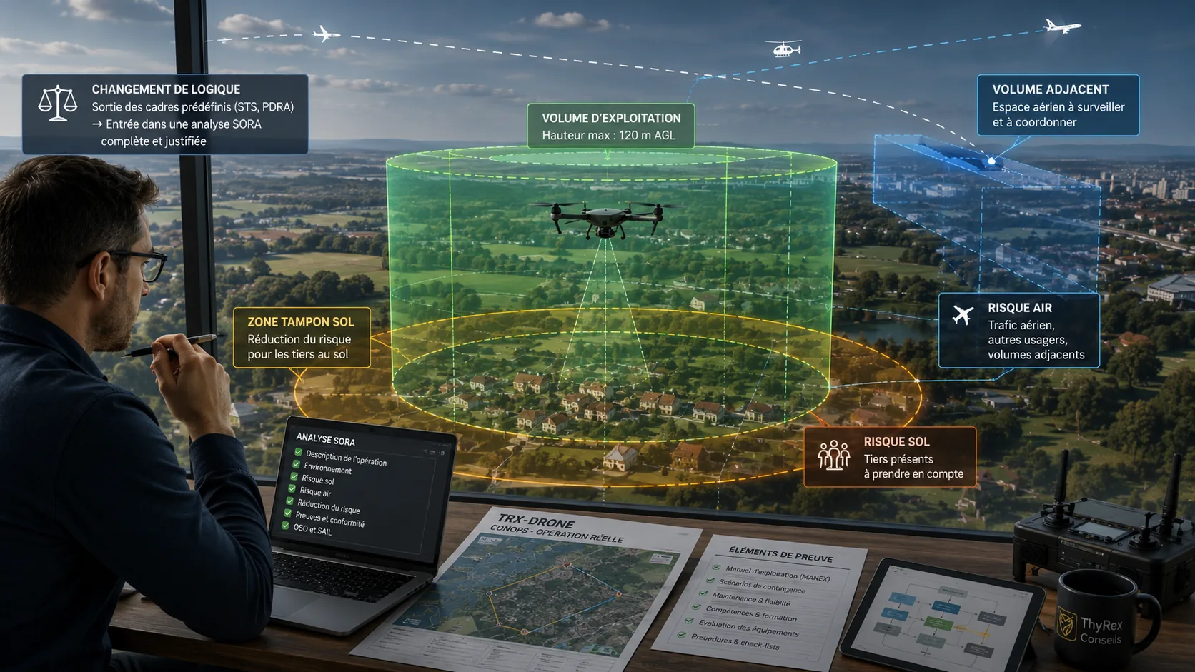 Exploitant drone analysant une opération SORA avec volume d’exploitation, zone tampon sol, risque air, risque sol et volume adjacent représentés en surcouches pédagogiques