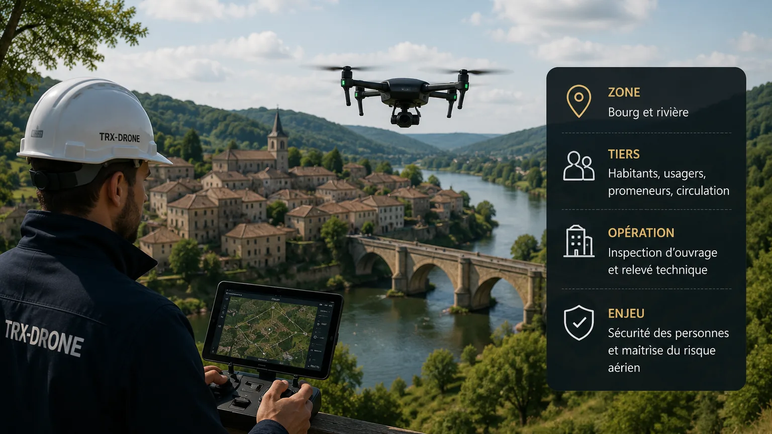 Exploitant drone TRX-Drone préparant une inspection d’ouvrage près d’un bourg, d’une rivière et d’un pont, avec repères pédagogiques sur la zone, les tiers, l’opération et les enjeux de sécurité