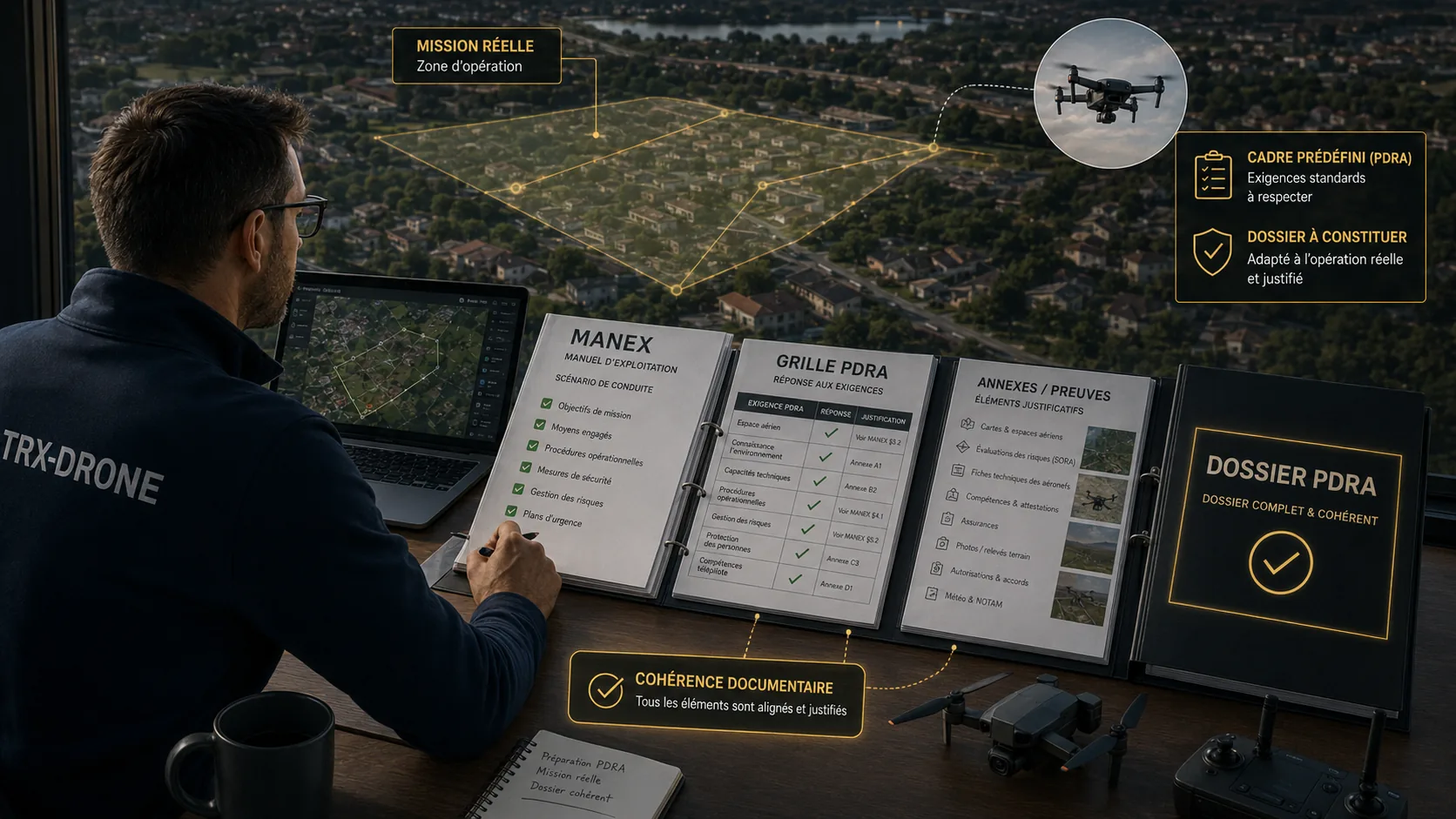 Exploitant drone préparant un dossier PDRA avec MANEX, grille PDRA, annexes, preuves et carte de mission réelle en arrière-plan