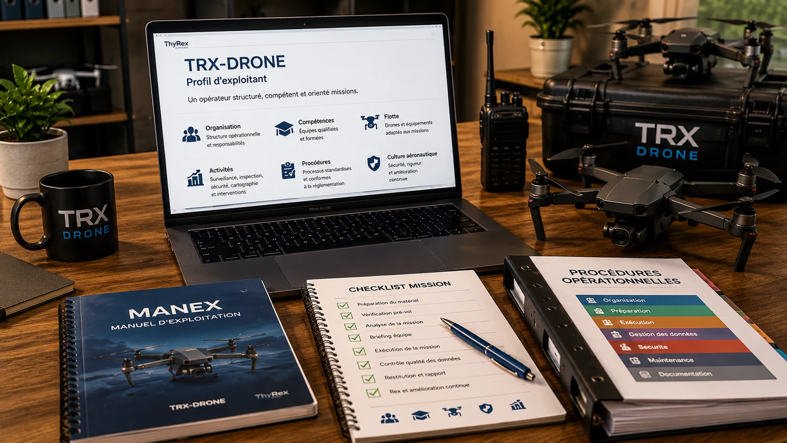 Espace de travail d'une entreprise drone avec aéronef, ordinateur, cartes, procédures et documents opérationnels