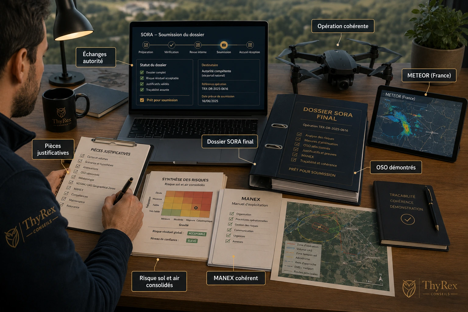 Exploitant drone finalisant un dossier SORA avec pièces justificatives, MANEX, preuves OSO, synthèse des risques, carte d’opération, échanges avec l’autorité et dépôt administratif