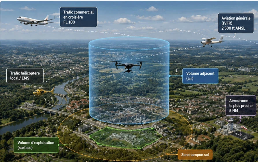 Vue aérienne d’une opération drone avec trafic commercial, aviation générale, hélicoptère local, aérodrome proche, volume adjacent air et zone d’exploitation représentés en surcouches pédagogiques