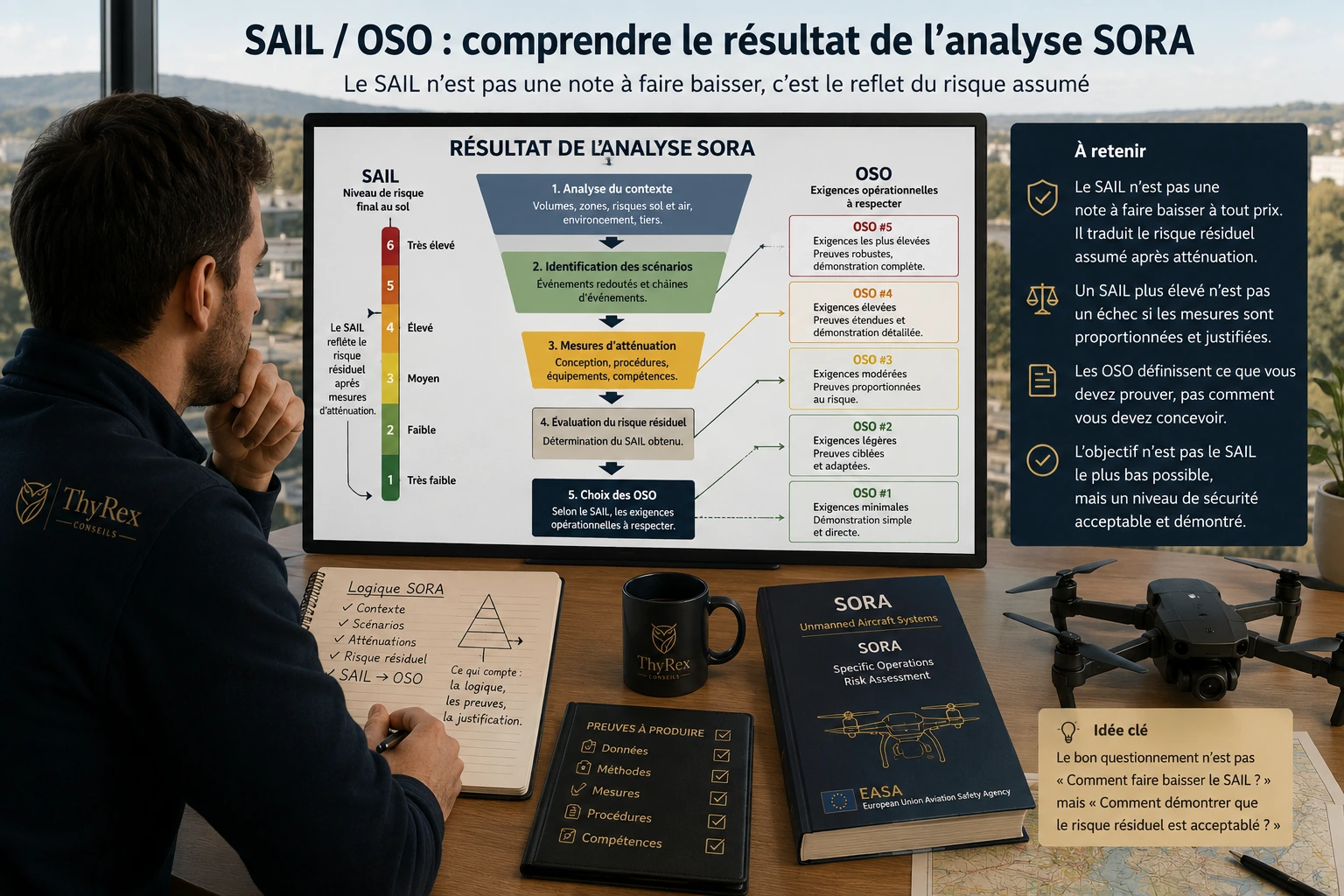 Exploitant drone analysant le résultat SORA avec échelle SAIL, exigences OSO, preuves à produire, dossier SORA et logique de risque résiduel acceptable