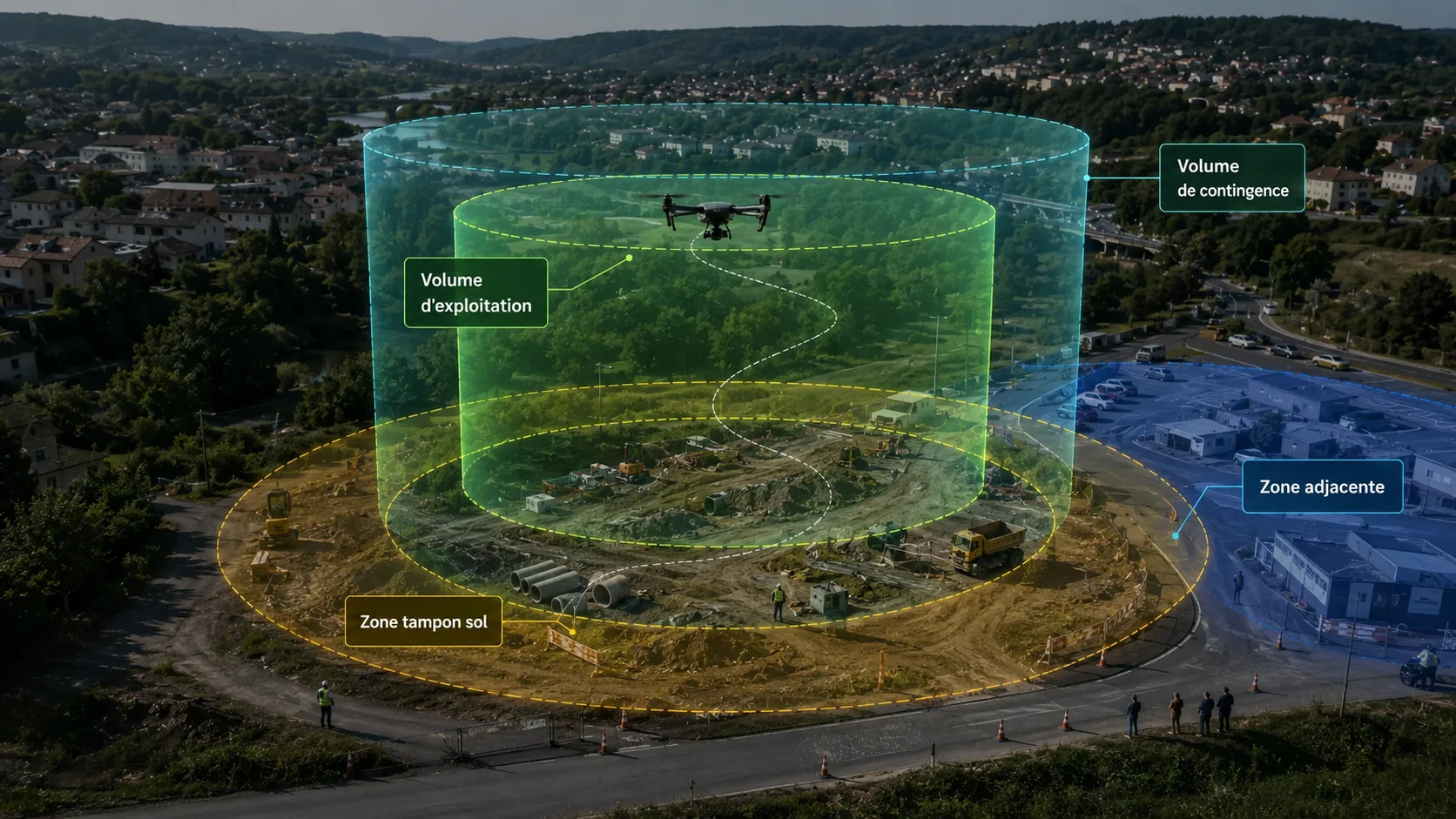 Vue aérienne d’une opération drone avec volume d’exploitation, volume de contingence, zone tampon sol et zone adjacente représentés en surcouches pédagogiques