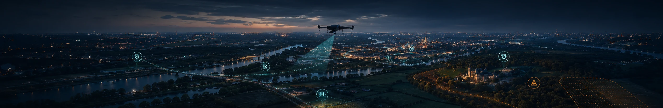 Drone en mission au-dessus d’un territoire avec repères de trajectoire, de contexte opérationnel et de zones à évaluer avant de déterminer le cadre réglementaire adapté.