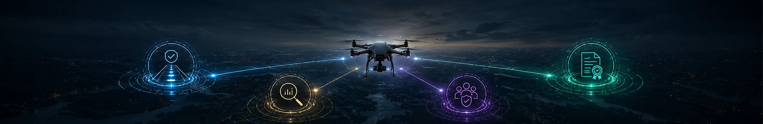 Architecture visuelle des différents mécanismes réglementaires de la catégorie spécifique autour d’un drone : voie standardisée, cadre prédéfini, analyse de risque et maturité organisationnelle.